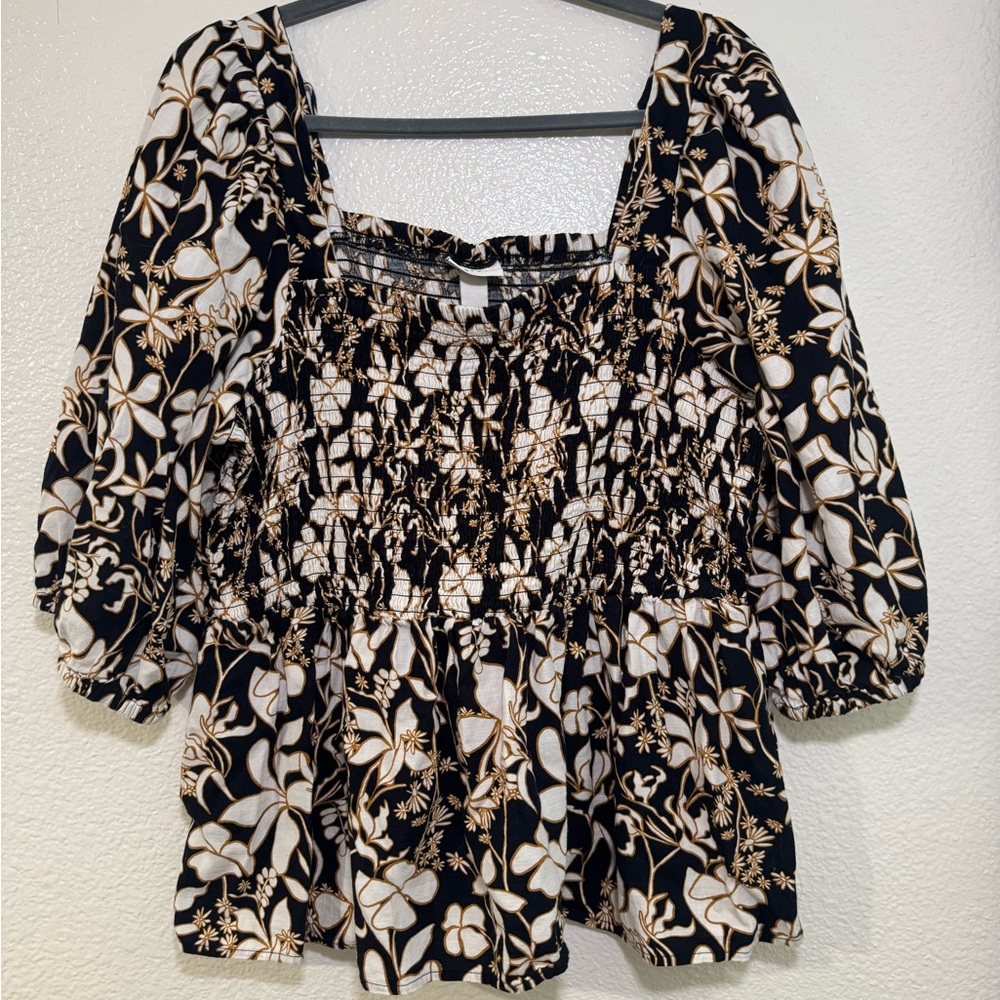 Ava & Viv Black Cream Floral Smocked Square-Neck 100% cotton